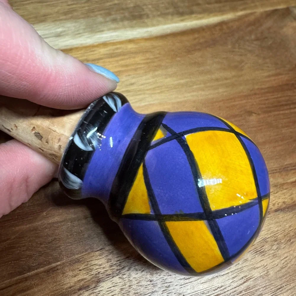 Hand Painted Ceramic Wine Bottle Stopper Purple Yellow Harlequin Geometric Cork